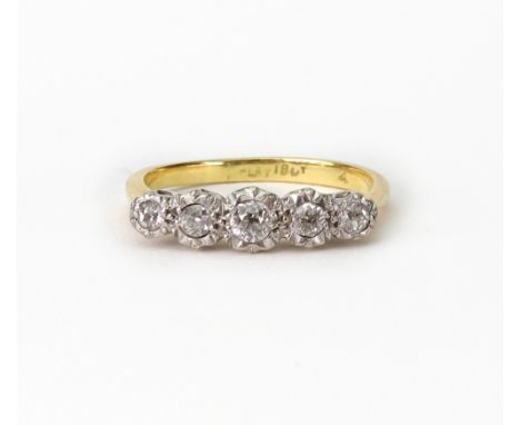 A mid 20th Century diamond five stone ring, the graduated old-cut stones approx. 0.45cts total, illusion set in white on a ye