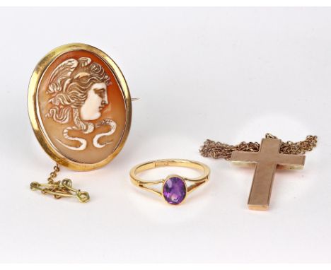 A small collection of jewellery, comprising; an oval mixed-cut amethyst single stone ring, stamped '22ct', ring size N+; an e