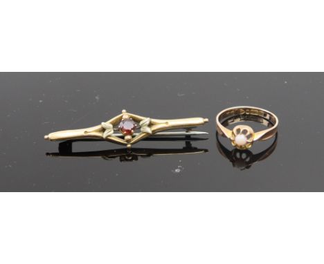 A collection of jewellery, comprising, a 9ct gold and small opal single stone ring; a 9ct gold and garnet bar brooch; a 19th 