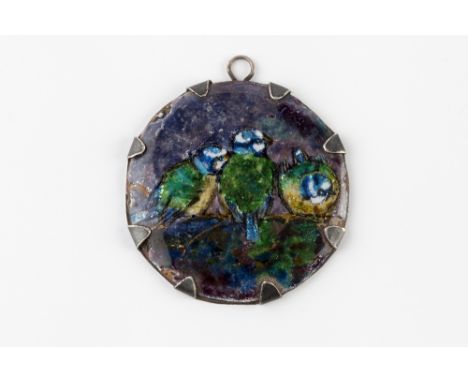 Manner of Charles Fleetwood Varley  Arts & Crafts enamel panel  of three blue tits on a branch, on a white metal mount initia