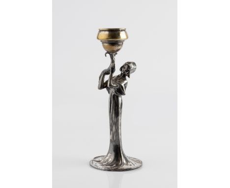 Art Nouveau Silver plated candlestick in the form of a maiden holding an urn 25cm high.