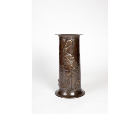 Arts & Crafts Stick stand hammered copper, decorated with a pelican and fish in relief 58cm high.