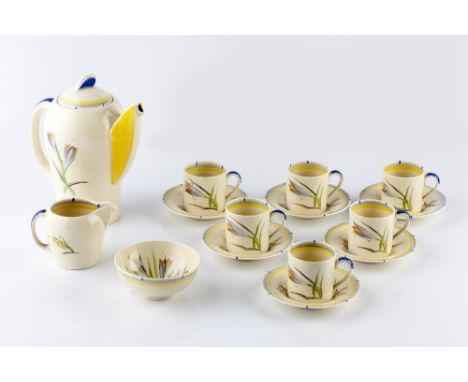 Susie Cooper (British, 1902-1995) 'Freesia' coffee set comprising coffee pot, sugar bowl, milk jug, six cups and saucers prin