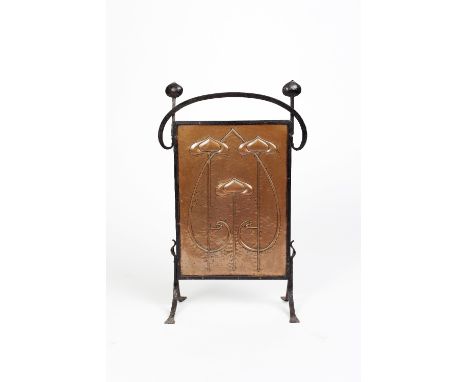 Manner of C. F. A. Voysey (British, 1857-1941) Art Nouveau copper and cast iron firescreen sinuous flower and stem design 78c