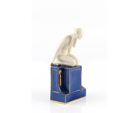 Doris Lindner (British, 1896-1979) for Royal Worcester Nude bather kneeling matt white glaze highlighted in gold printed manu