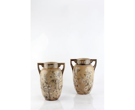 Martin Brothers Pair of vases, 1886 twin handled, incised and painted with flowers each inscribed and dated 'R W Martin & Bro