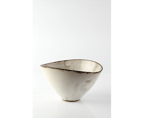 Lucie Rie (British, 1902-1995) Bowl white glaze with dripped manganese rim squeezed to an oval at the rim impressed potter's 