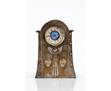 James Fenton Art Nouveau mantel clock silver front, with sinuous floral design inset coloured enamels hallmarked for Birmingh