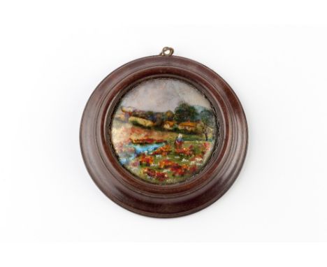 Manner of Charles Fleetwood Varley  Arts & Crafts enamel panel  depicting a lady in a flowering landscape 9.3cm diameter.