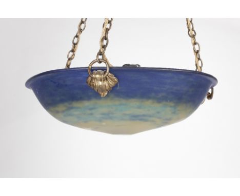 Daum of Nancy Ceiling light, circa 1910-20 mottled yellow, turuoise and blue glass shade wheel engraved 'Daum Nancy' and Cros