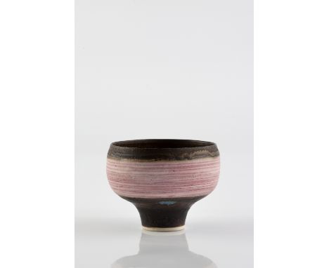 Lucie Rie (British, 1902-1995) Footed bowl, circa 1980 manganese rim, turquoise drip to outside and turquoise ring to interio