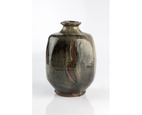 Mike Dodd (British, b.1943) Vase tenmoku decoration and of square form potter's seal covered with glaze 23cm high.