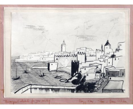 Fred Uhlman (British, 1901-1985) Harbour town inscribed 'The original sketch for your painting! Happy Xmas, Fred & Diana Uhlm