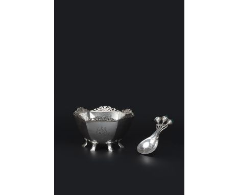 Omar Ramsden (British, 1873-1939) Arts &amp; Crafts silver caddy spoon hammered bowl, scrolling wirework stem, with three chr