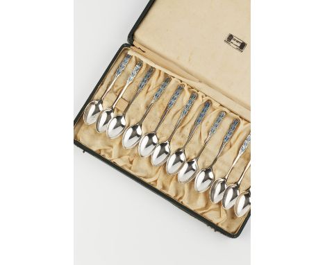 Liberty & Co Set of 12 silver and enamel coffee spoons hallmarked for Birmingham 1927 11cm long, in original Liberty case.