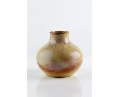 Ashworth Pottery Two Arts & Crafts vases  one in blue glaze and the other in yellow and red lustre glaze each stamped pottery