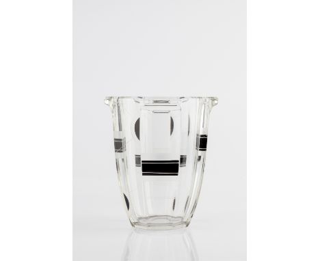 Art Deco Ice bucket clear and frosted glass, and black enamel bands 20.8cm high.