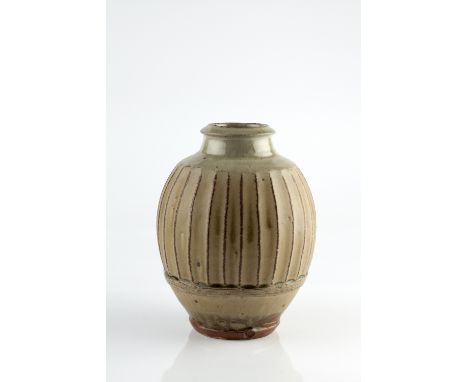 Phil Rogers (British, b.1951) Vase ash glaze and fluted sides impressed potter's seal 23.5cm high.