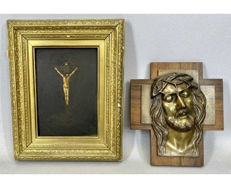 LOJOU FRENCH 20TH CENTURY BRONZE RELIEF PLAQUE, shaped as a cross and cast with a relief portrait of Christ with crown of tho