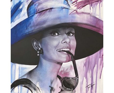 ‡ JEN ALLEN (British, Contemporary) acrylic oil on canvas - head and shoulder portrait of Audrey Hepburn as Holly Golightly, 