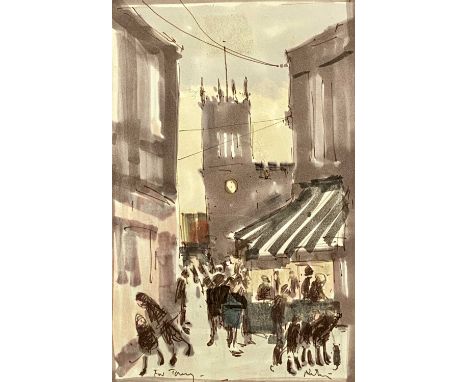 ‡ HAROLD RILEY DL DLITT FRCS DFA ATC (1934-2023) colour print - street scene with figures, and with dedication 'For Tony', 23