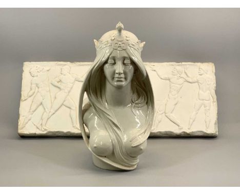 PLASTER RECTANGULAR FRIEZE DECORATED IN RELIEF WITH MALE FIGURES, 32cms H, 82cms W, 5.5cms D, an Italian cream glazed ceramic