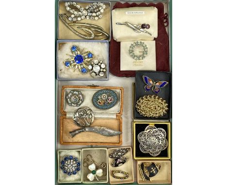 VARIOUS VINTAGE &amp; LATER BROOCHES, including a silver stamped Gurkha-type knife, 8cms across, 2 x micro mosaic brooches, 4