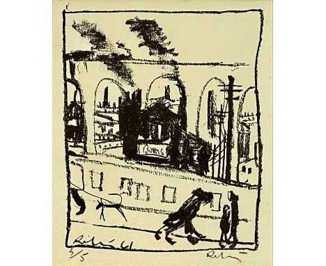 HAROLD RILEY DL DLITT FRCS DFA ATC (1934-2023) black and white limited edition (3/5) print - railway bridge and building room