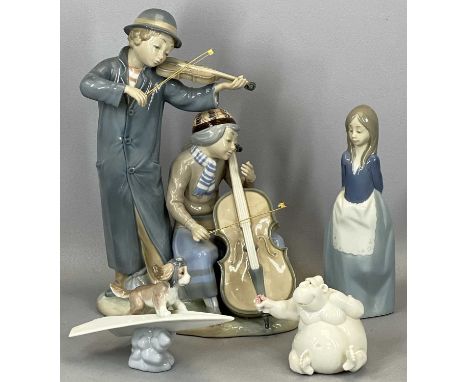 NAO FIGURE GROUP, violinist and cellist, 35.5cms H, Nao figure of a girl, 24cms H, another Nao figurine, 9.5cms H, and a Llad