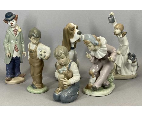 FIVE NAO FIGURINES 22cms H (the tallest) and a Lladro clown figurine, 22.5cms H