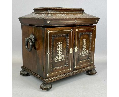 FINE QUALITY WILLIAM IV MOTHER-OF-PEARL ROSEWOOD TABLE TOP CABINET, the hinged caddy top enclosing pink silk lined fitted int