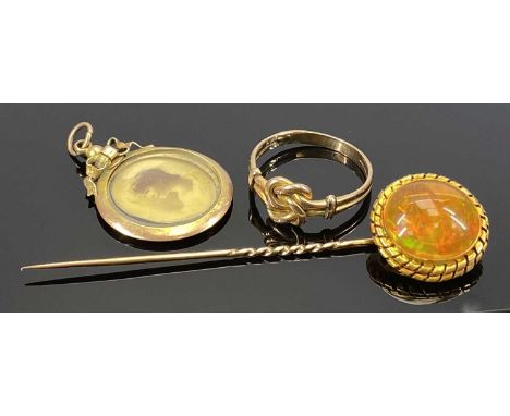 THREE 9CT GOLD &amp; OTHER VICTORIAN AND LATER JEWELLERY to include a double twist knot ring, trace markings, believed 9ct, s