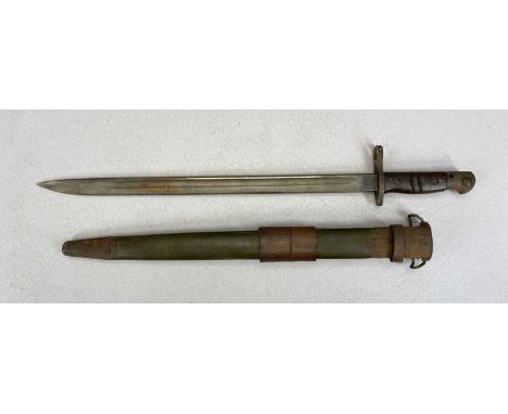 USM1917 BAYONET BY WINCHESTER, 43cms fullered blade, stamped '1917W US', ribbed wooden handle, leather covered scabbard with 