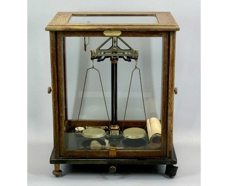 SARTORIUS WERKE PRECISION CHEMIST'S BALANCE SCALES, NO. 48610, in glazed oak cabinet, 48cms H, 39cms W, 29cms D