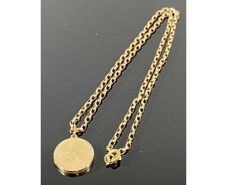 10CT GOLD CIRCULAR LOCKET ON A BELCHER LINK 9CT GOLD NECKLACE, the locket having engine turned decoration, 1.75cms diam., 25c