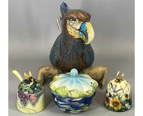 OLD TUPTON WARE FLORAL DECORATED HONEY POTS x 2, the covers with bee finials, both boxed, one with matching spoon, and an Old