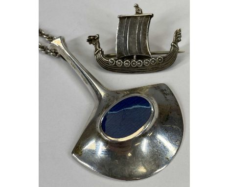 NORWEGIAN JEWELLERY IN SILVER &amp; ENAMEL to include a stylised silver and blue enamel pendant necklace, designed by Bjorn S