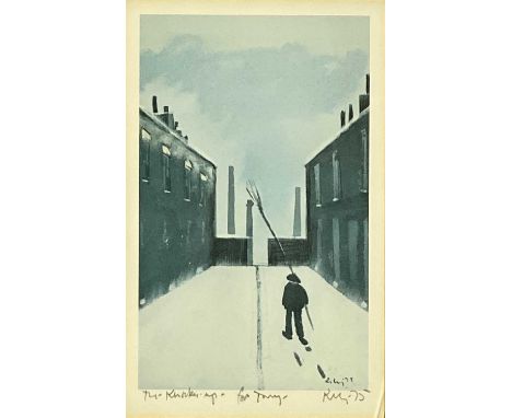 ‡ HAROLD RILEY DL DLITT FRCS DFA ATC (1934-2023) colour print - snow covered terraced street, man with long stick in foregrou