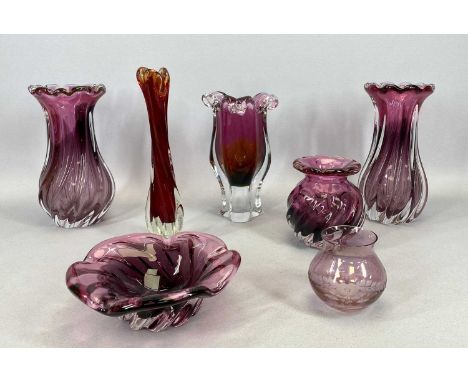 CZECHOSLOVAKIAN ART GLASS, overlay purple / pink glass spiral form vases, a pair, 23cms H, similar tri-form vase, 22cms H, sl