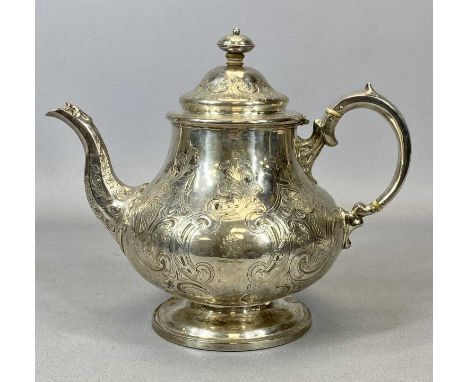 VICTORIAN SILVER TEAPOT, LONDON 1872, MAKER THOMAS SMILY, finial capped domed hinged lid on a bulbous body, having engraved a