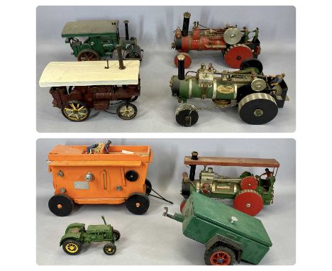 METAL SCALE MODEL STEAM TRACTION ENGINE, 31cms L, scale model steam traction roller, 33cms L, 3 x handmade wooden steam tract