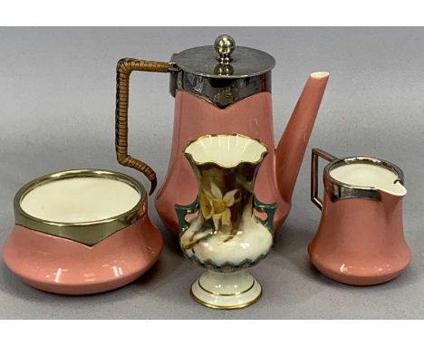 ROYAL WORCESTER 'BACHELORS' TEA SERVICE, pink glazed and with EPNS mounts, the teapot with canework handle, 13.5cms H, puce b