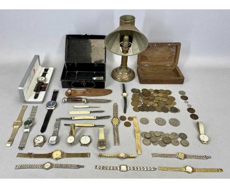 VINTAGE BRASS STUDENTS' CANDLESTICK LAMP, 29cms H, an Indian carved wood box, 20cms W, various gents and lady's wristwatches,