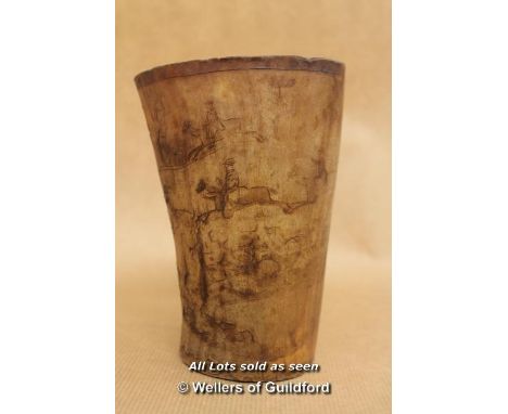*Georgian Antique Engraved Scenes  Hunting Hunt Cow Horn Beaker [LQD123]