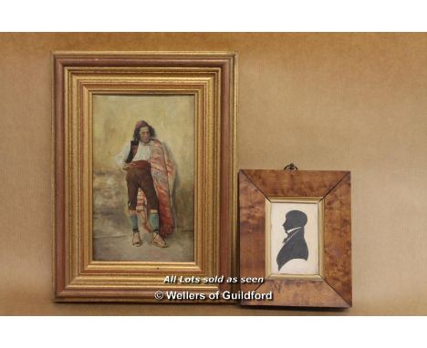 Oil On Board, Portrait Of A Carpet Seller, 22.5 X 13.5cm; Sihouette Portrait Of A Victorian Gentleman, 9.5 X 6.5cm, Maple Fra