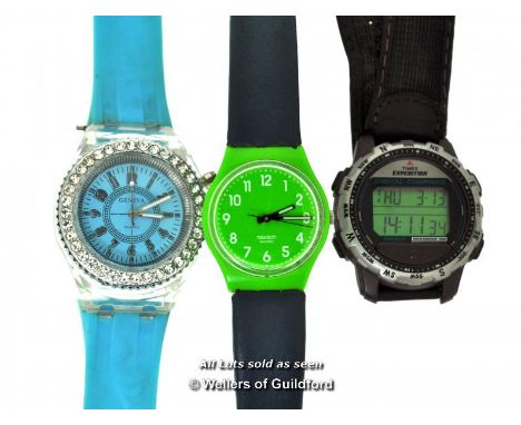 *Three Wristwatches, Swatch, Timex, Geneva [377-16/03]