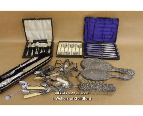 Silver Backed Hairbrush And Hat Brush; Set Of 6 Silver Handled Tea Knives, Cased; Set Of 6 Silver Teaspoons, Cased; Five Silv