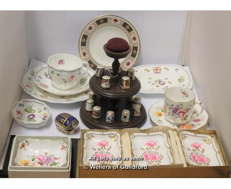 Royal Crown Derby: A Collection Of 15 Thimbles On A Vintage Two Tier Wooden Stand, Millenium Bug Paperweight, Derby Border Te