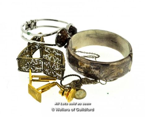 *Silver Hinged Bangle, Necklace And Ring, Total Weight 48.7 Grams, Together With Some Costume Jewellery