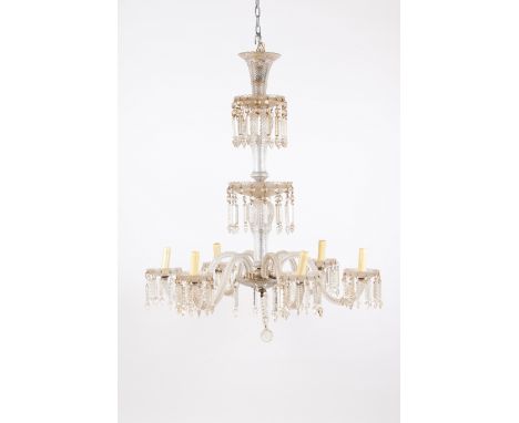 A six-light chandelierGlass and crystal pendantsPortugal, 20th century(losses and defects)Height: 108 cmDiam.: 84 cm